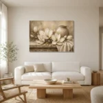 Ivory Champagne Magnolia Still Life Flower Wall Art Canvas Print styled in a refined neutral interior