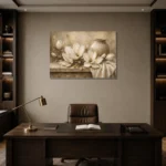 Ivory Champagne Magnolia Still Life Flower Wall Art Canvas Print displayed in a contemporary gallery-inspired room
