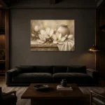 Ivory Champagne Magnolia Still Life Flower Wall Art Canvas Print shown in a warm modern interior