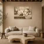 Ivory Champagne Magnolia Still Life Flower Wall Art Canvas Print presented in a sophisticated home setting