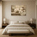 Ivory Champagne Magnolia Still Life Flower Wall Art Canvas Print showcased in an elegant minimalist interior