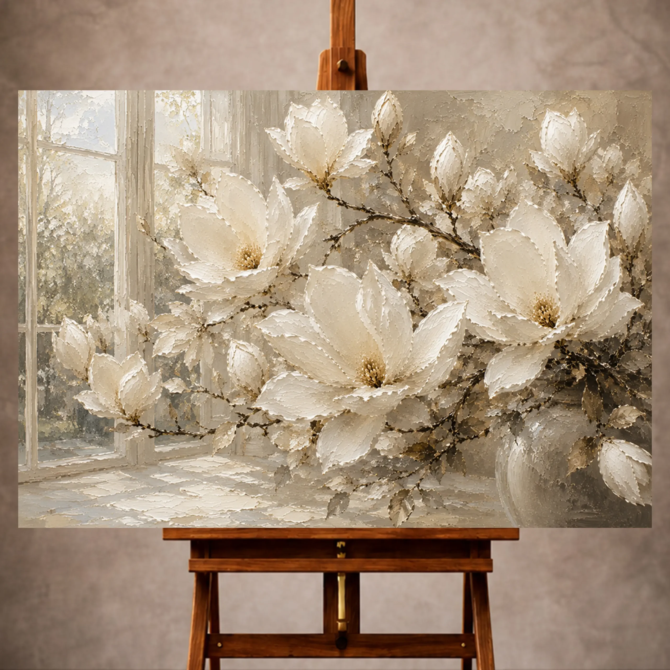 Premium Wall Art Yatay Html Edition – FLOWERWA043 Image 1 Ivory, champagne, taupe, pale pearl, and muted gray Magnolia Flower Wall Art print for elegant interiors. No text or watermarks in design.