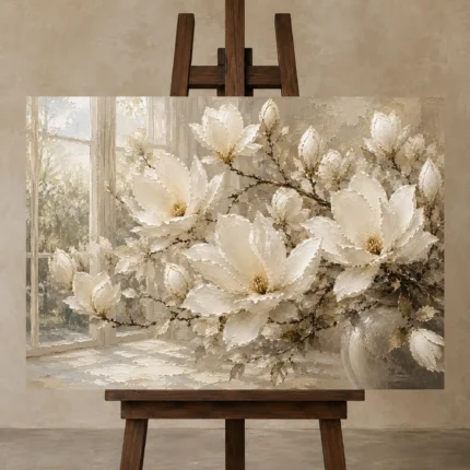 Ivory & Pearl Conservatory Magnolia Flower Wall Art Canvas Print displayed on a studio easel