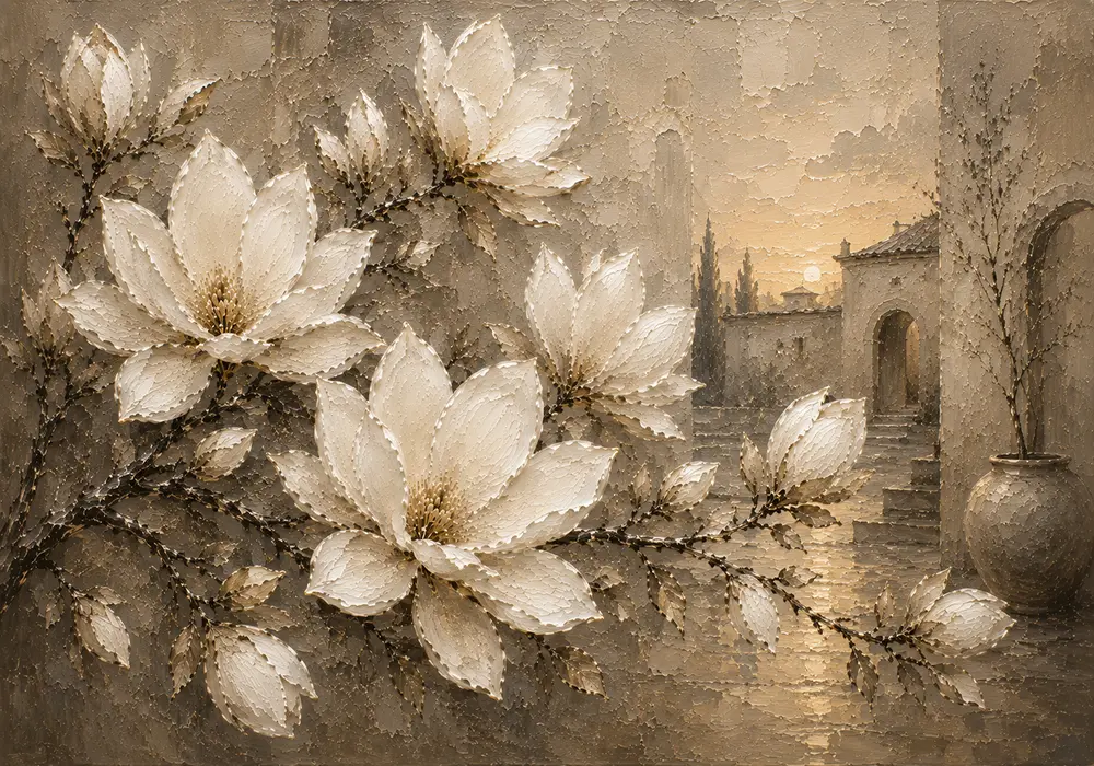 Ivory Greige Magnolia Courtyard Flower Wall Art Canvas Print