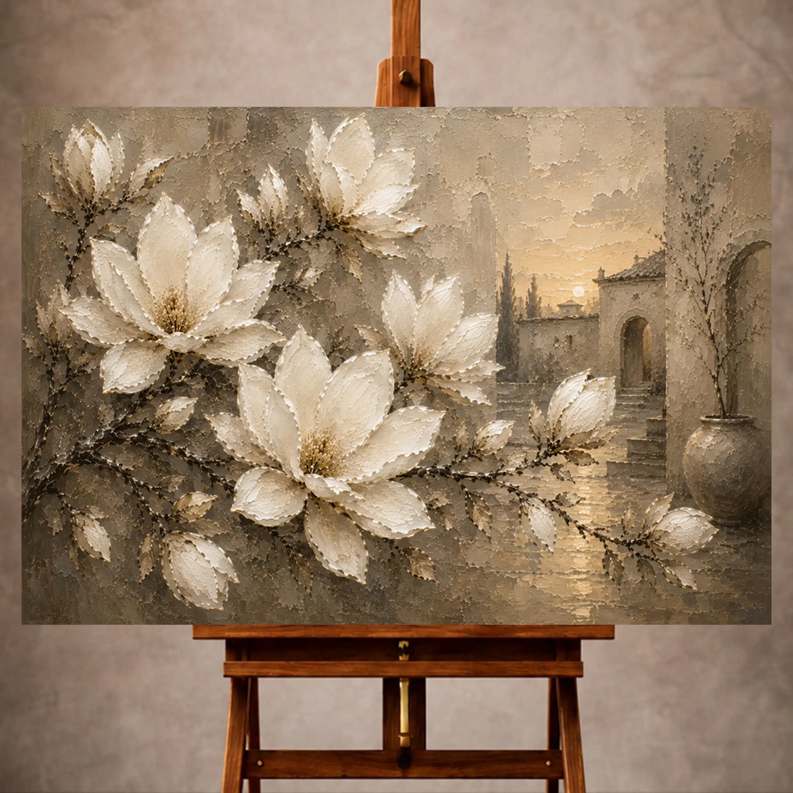 Premium Wall Art Yatay Html Edition – FLOWERWA044 Image 1 Ivory, champagne, taupe, smoky greige, and soft umber Magnolia Flower Wall Art print for elegant interiors. No text or watermarks in design.