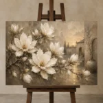 Ivory Greige Magnolia Courtyard Flower Wall Art Canvas Print displayed on a studio easel