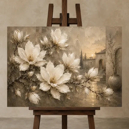 Ivory Greige Magnolia Courtyard Flower Wall Art Canvas Print displayed on a studio easel