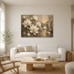 Ivory Greige Magnolia Courtyard Flower Wall Art Canvas Print styled in a refined neutral interior