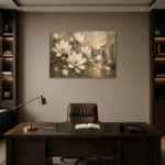 Ivory Greige Magnolia Courtyard Flower Wall Art Canvas Print displayed in a contemporary gallery-inspired room