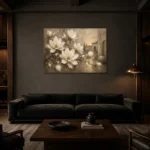 Ivory Greige Magnolia Courtyard Flower Wall Art Canvas Print shown in a warm modern interior