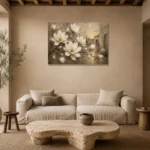 Ivory Greige Magnolia Courtyard Flower Wall Art Canvas Print presented in a sophisticated home setting