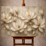 Ivory, champagne, taupe, parchment, and mushroom beige Magnolia Flower Wall Art print for elegant interiors. No text or watermarks in design.