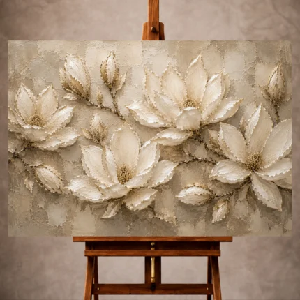 Ivory, champagne, taupe, parchment, and mushroom beige Magnolia Flower Wall Art print for elegant interiors. No text or watermarks in design.