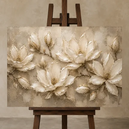 Ivory Parchment Panoramic Magnolia Flower Wall Art Canvas Print shown in Studio Easel