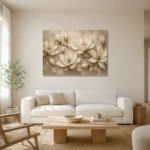 Ivory Parchment Panoramic Magnolia Flower Wall Art Canvas Print styled in a refined neutral interior
