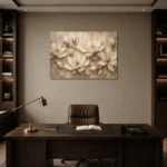 Ivory Parchment Panoramic Magnolia Flower Wall Art Canvas Print displayed in a contemporary gallery-inspired room