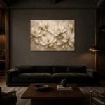 Ivory Parchment Panoramic Magnolia Flower Wall Art Canvas Print shown in a warm modern interior