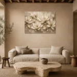 Ivory Parchment Panoramic Magnolia Flower Wall Art Canvas Print presented in a sophisticated home setting