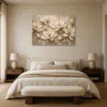 Ivory Parchment Panoramic Magnolia Flower Wall Art Canvas Print showcased in an elegant minimalist interior
