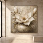 Ivory, champagne, taupe, and soft pearl Magnolia Flower Wall Art print for elegant interiors. No text or watermarks in design.