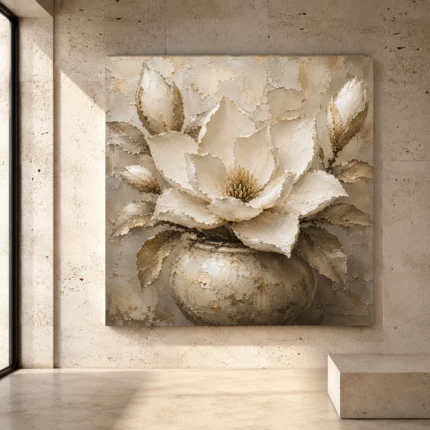 Ivory, champagne, taupe, and soft pearl Magnolia Flower Wall Art print for elegant interiors. No text or watermarks in design.