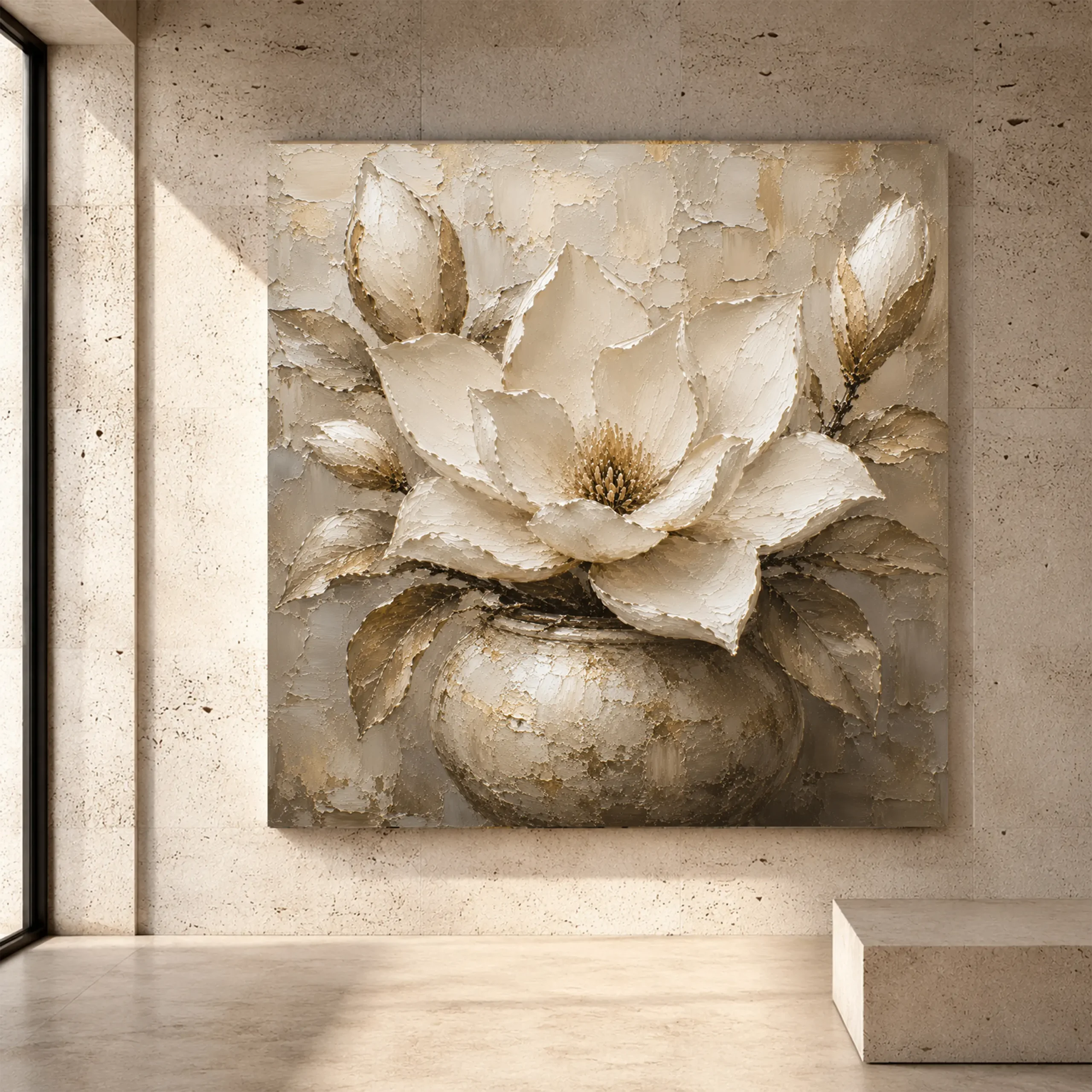 Premium Wall Art Kare Html Edition – FLOWERWA046 Image 1 Ivory, champagne, taupe, and soft pearl Magnolia Flower Wall Art print for elegant interiors. No text or watermarks in design.