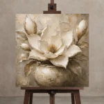 Ivory Champagne Magnolia Vessel Flower Wall Art Canvas Print displayed on a studio easel