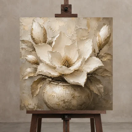 Ivory Champagne Magnolia Vessel Flower Wall Art Canvas Print displayed on a studio easel