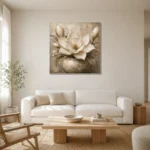 Ivory Champagne Magnolia Vessel Flower Wall Art Canvas Print styled in a refined neutral interior