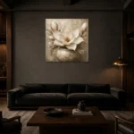 Ivory Champagne Magnolia Vessel Flower Wall Art Canvas Print shown in a warm modern interior