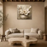 Ivory Champagne Magnolia Vessel Flower Wall Art Canvas Print presented in a sophisticated home setting