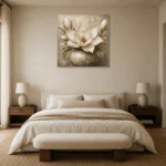 Ivory Champagne Magnolia Vessel Flower Wall Art Canvas Print showcased in an elegant minimalist interior