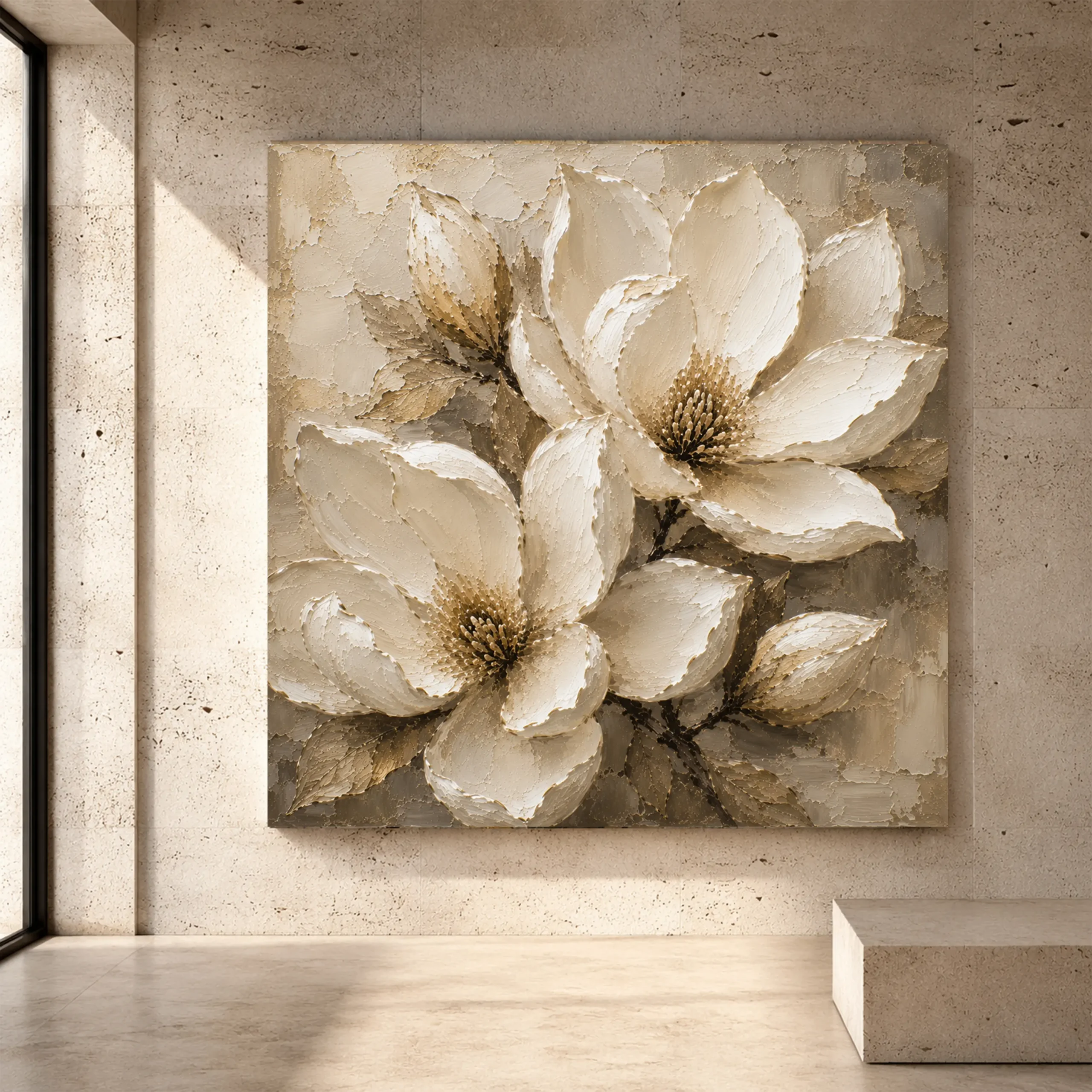 Premium Wall Art Kare Html Edition – FLOWERWA047 Image 1 Ivory, champagne, taupe, and warm beige Magnolia Flower Wall Art print for elegant interiors. No text or watermarks in design.