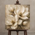 Ivory Champagne Magnolia Petal Flower Wall Art Canvas Print displayed on a studio easel
