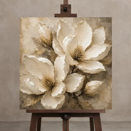 Ivory Champagne Magnolia Petal Flower Wall Art Canvas Print displayed on a studio easel