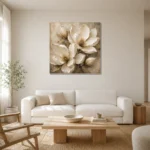 Ivory Champagne Magnolia Petal Flower Wall Art Canvas Print styled in a refined neutral interior