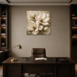 Ivory Champagne Magnolia Petal Flower Wall Art Canvas Print displayed in a contemporary gallery-inspired room