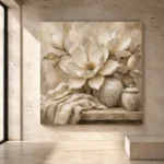 Ivory, champagne, taupe, parchment, and subtle greige Magnolia Flower Wall Art print for elegant interiors. No text or watermarks in design.