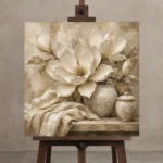 Ivory Greige Magnolia Still Life Flower Wall Art Canvas Print displayed on a studio easel