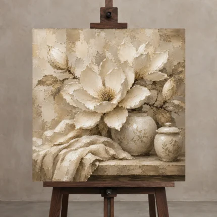 Ivory Greige Magnolia Still Life Flower Wall Art Canvas Print displayed on a studio easel