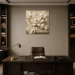 Ivory Greige Magnolia Still Life Flower Wall Art Canvas Print displayed in a contemporary gallery-inspired room