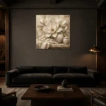 Ivory Greige Magnolia Still Life Flower Wall Art Canvas Print shown in a warm modern interior