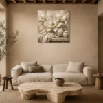 Ivory Greige Magnolia Still Life Flower Wall Art Canvas Print presented in a sophisticated home setting