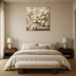 Ivory Greige Magnolia Still Life Flower Wall Art Canvas Print showcased in an elegant minimalist interior