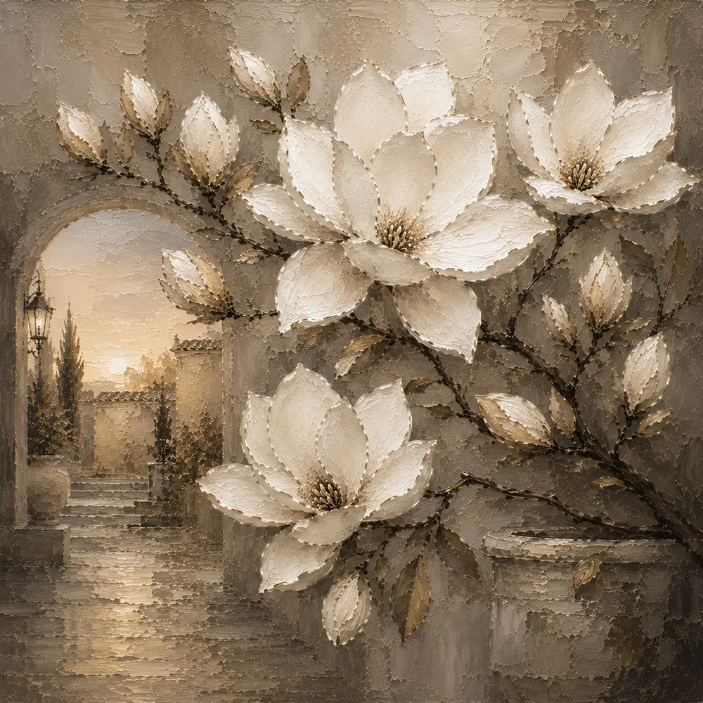 Ivory Mushroom Magnolia Courtyard Flower Wall Art Canvas Print