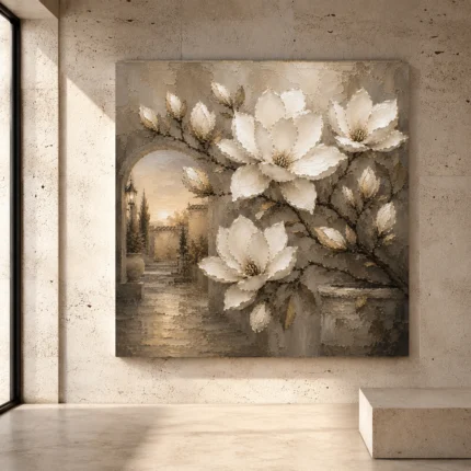 Ivory, champagne, taupe, smoky mushroom, and soft umber Magnolia Flower Wall Art print for elegant interiors. No text or watermarks in design.