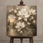 Ivory Mushroom Magnolia Courtyard Flower Wall Art Canvas Print displayed on a studio easel