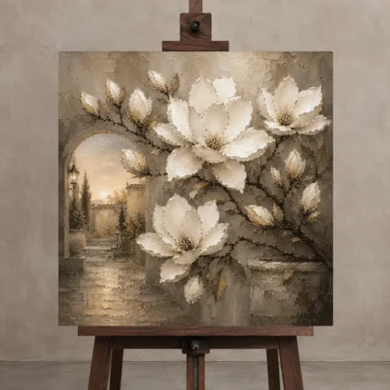 Ivory Mushroom Magnolia Courtyard Flower Wall Art Canvas Print displayed on a studio easel