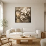 Ivory Mushroom Magnolia Courtyard Flower Wall Art Canvas Print styled in a refined neutral interior