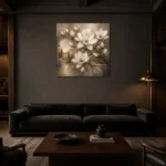 Ivory Mushroom Magnolia Courtyard Flower Wall Art Canvas Print shown in a warm modern interior